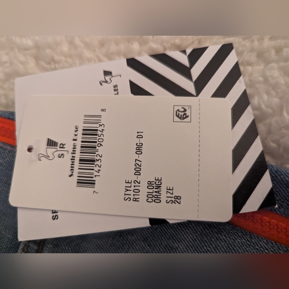 NWT Sandrine Rose x Free People - Frayed denim shorts neon orange zip, size 28 - Picture 6 of 6